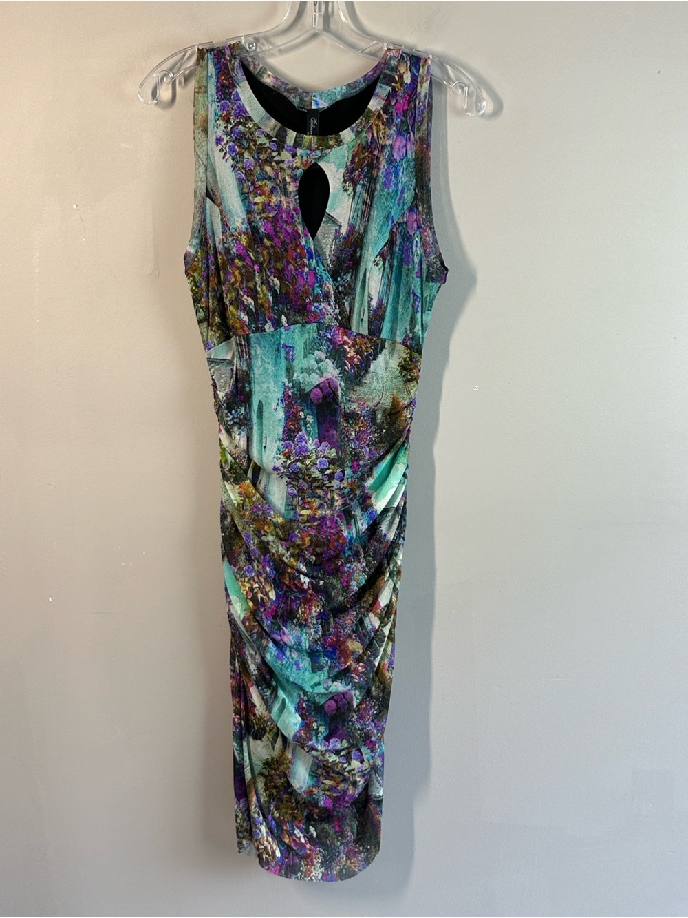 Elana Kattan Womens Blue Abstract Floral Ruched Keyhole Fairy Dress Size M